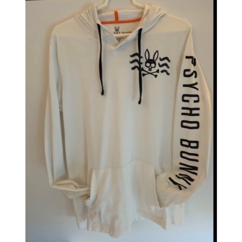 Psycho Bunny Men's White Graphic Pullover Hoodie Sleeve Spellout Logo Sz 5 (Med)